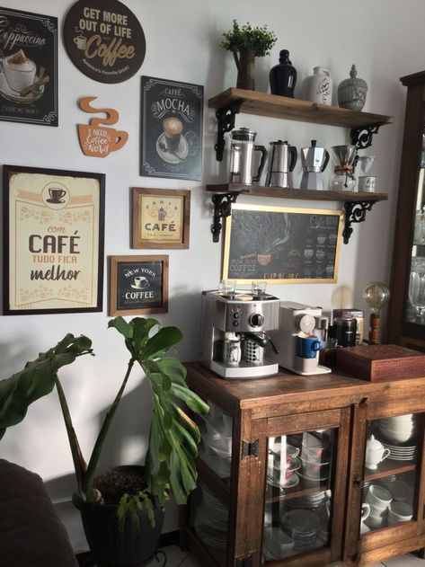 Cottagecore Coffee Bar, Moody Coffee Bar, Aesthetic Coffee Corner, Coffee Station Aesthetic, Coffee Bar Furniture, Home Espresso Bar, Fall Themed Bedroom, Bedroom Funky, Wall Pantry Ideas