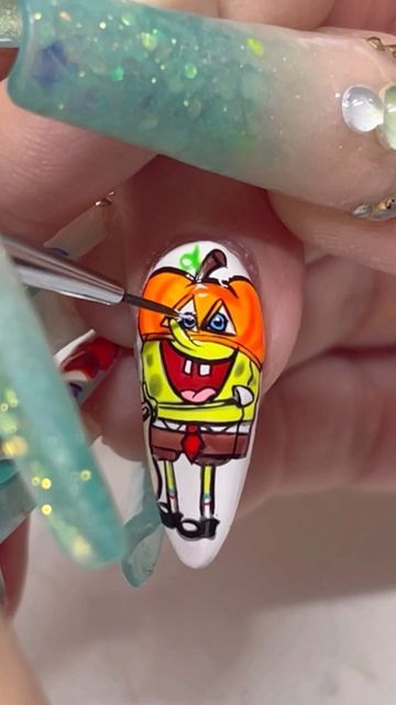 Halloween Spongebob Nails, Spongebob Halloween Nails, Spongebob Halloween, Spongebob Nails, Florida Nails, Miami Nails, White Liner, Pumpkin Nails, Liner Brush