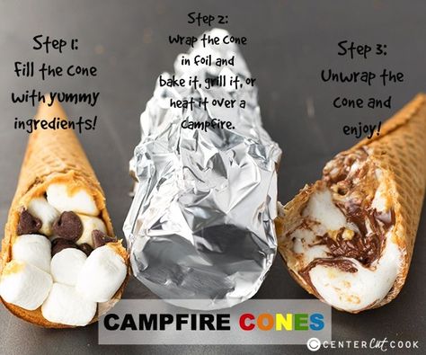 Campfire Cones Recipe, Campfire Cones, Campfire Smores, Camping Desserts, Easy Camping Meals, Campfire Food, Campfire Cooking, S'mores, Camp Cooking