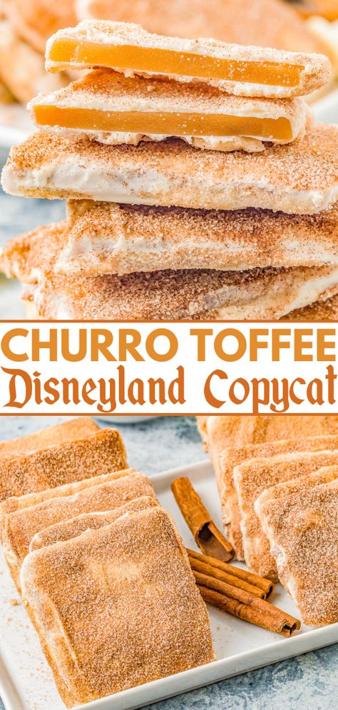 Churro Toffee - This Disneyland copycat recipe might be even more delicious than the real deal! Buttery, crunchy toffee is coated in sweet white chocolate that's dusted with a scrumptious combination of cinnamon and sugar for an irresistible churro flavor sensation! Just one bite of this homemade candy will make you feel like you're strolling right down Main Street! Disneyland Churro Toffee, Toffee Churro Bugles, Churro Toffee Disneyland, Recipes With Saltines, Disney Churro Toffee, Disneyland Cookie Recipe, Churro Saltine Toffee Recipe, Churro Flavored Desserts, Saltine Toffee Recipe