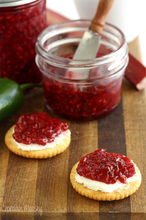 Raspberry Rhubarb Jalapeno Jam (Small Batch, No Pectin) Raspberry Jam Appetizers, Crackers And Jam, Jalapeno Rhubarb Jelly, Raspberry Jalapeno Jam Over Cream Cheese, Rhubarb Jalapeno Jam, Jalapeno Jam, Raspberry Rhubarb, Canning Jam, Community Table