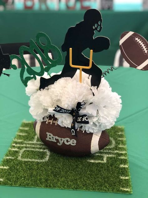 Goal Posts Football, Graduation Party Ideas For Athletes, Football Senior Table Ideas, Football Banquet Centerpieces Table Decorations, Centerpieces Football Theme, Football Vase Centerpiece, Graduation Football Centerpieces, Football Theme Graduation Party Ideas, Sports Theme Graduation Party