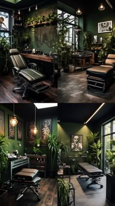 Boho Tattoo Shop Decor, Black And Green Lash Room, Tattoo Salon Design Ideas, Black Walls Aesthetic, Masculine Salon Decor, Tattoo Shop Ideas Studios, Dark Green Salon Decor, Tattoo Room Aesthetic, Garage Tattoo Studio