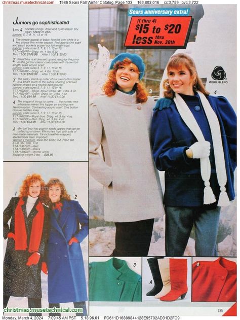 1986 Sears Fall Winter Catalog, Page 133 - Catalogs & Wishbooks Full Length Coat, Christmas Catalogs, 80s Fashion, Winter Season, Academic Dress, Lab Coat, Fall Winter, Black And Red, Wool