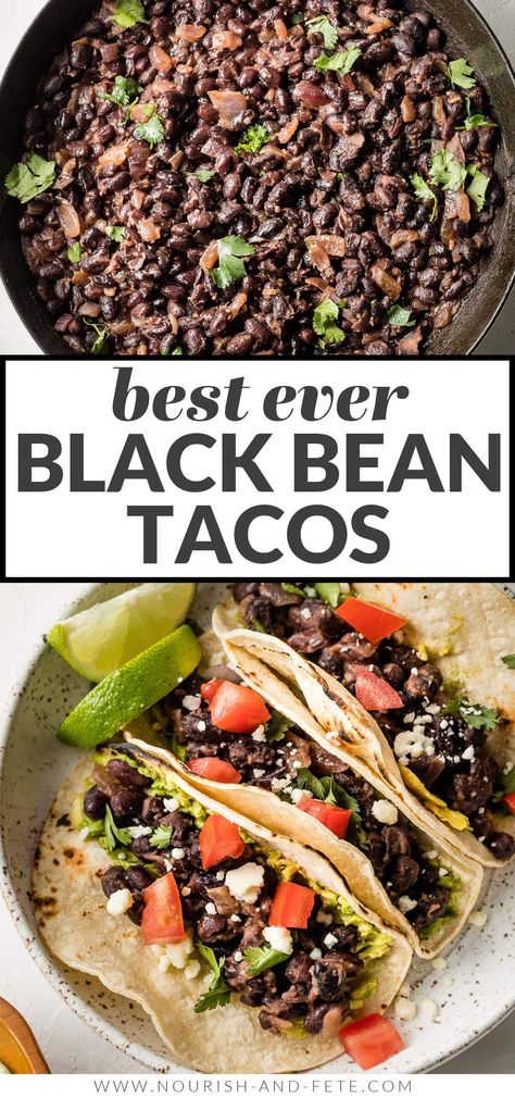 These simple Black Bean Tacos are so easy to make from pantry staples, and the filling cooks in no time. So flavorful and satisfying that you'll never miss the meat! Black Bean Tacos Vegetarian, Black Bean Vegan Tacos, Low Calorie Black Bean Recipes, Black Beans For Burrito Bowl, Taco Beans Recipe, Canned Black Bean Recipes Easy, Black Bean Tacos Recipes, Black Beans For Tacos, Black Beans Recipe