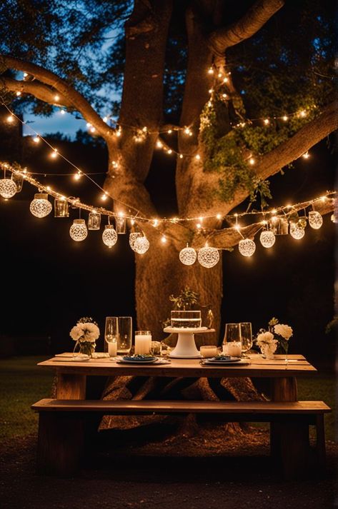 Transform your backyard into a magical birthday celebration with twinkling lights and rustic charm. Create an intimate atmosphere with a beautifully set table under an ancient tree, adorned with warm string lights and elegant lanterns. Perfect for a serene evening, this setting combines nature's beauty with cozy vibes. #BirthdayMagic #BackyardParty #FestiveLights #RusticCharm #EveningElegance #OutdoorCelebration #PartyPlanning Twinkle Lights Backyard, Lights Backyard, Birthday Setup, Magical Birthday, Enchanted Evening, Set Table, Ancient Tree, Cozy Vibes, Twinkle Lights