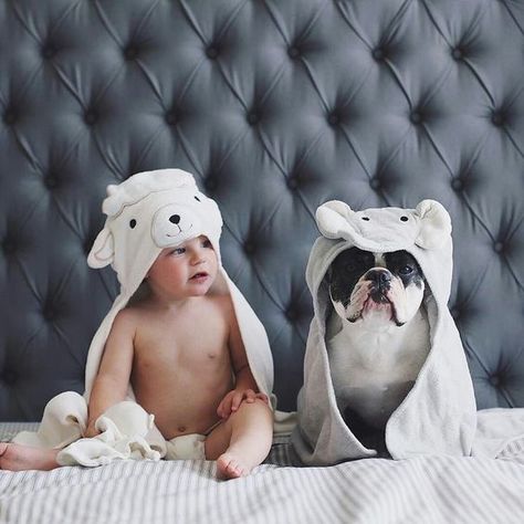 Dog And Baby, Baby Friends, Bulldog Francese, Foto Baby, Baby Photo Ideas, Baby Towel, Dogs And Kids, Newborn Baby Photography, Expecting Baby