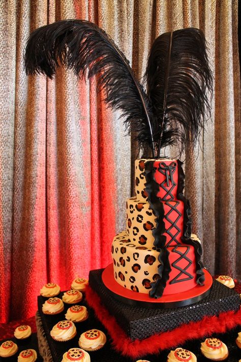 Leopard Burlesque, Burlesque Birthday Party, Burlesque Party Decorations, Burlesque Birthday, Dance Birthday Cake, Burlesque Theme Party, Cheetah Birthday Cakes, Leopard Cupcakes, Animal Print Birthday Party