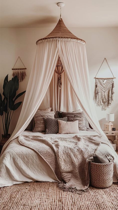 A romantic boho bedroom with a flowing canopy draped over the bed, surrounded by warm lighting and cozy decor. Rustic Canopy Bed Ideas, Boho Bedroom Canopy, Boho Canopy Bed, Boho Style Bedroom, Cozy Boho, Bedroom Bliss, Romantic Boho, Style Bedroom, Romantic Decor