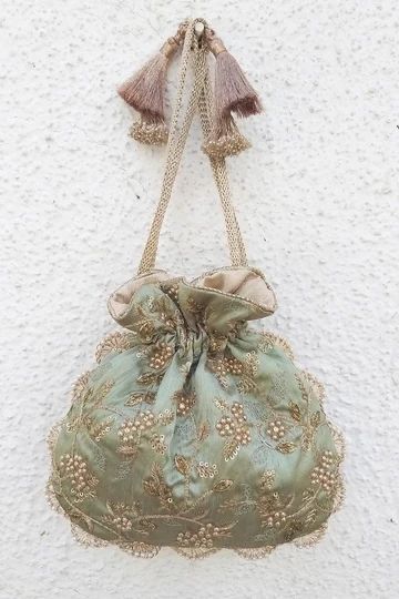 Crochet Potli Bag, Bag Photography, Scallop Border, Potli Bag, Pearl Embroidery, Golden Thread, Potli Bags, Printed Clutch, 자수 디자인