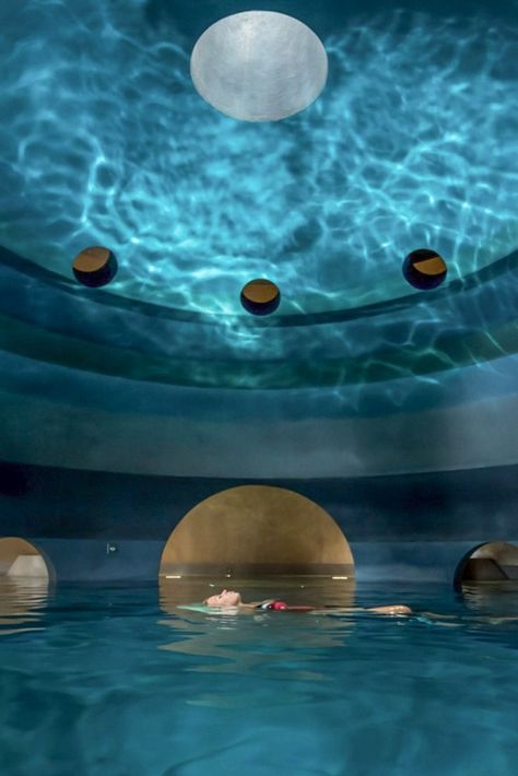 Byzantine domes inspired by the architecture of Istanbul's iconic Hagia Sophia church surround the impressive sphere pool at Healing Hotel, Euphoria Retreat, a Holistic Wellbeing Destination Spa in Greece. 💙 Surrender to the playfulness and relaxation of the hydrotherapy stations... #Healinghotel #Travel #Hotel #TravelToHeal #Wellness #Greece #Retreat #Retreats #HotelDesign #PoolGoals #Hydrotherapy Hydrotherapy Spa Design, Healing Space Design, Thermal Bath Architecture, Healing Architecture Concept, Wellness Centre Architecture, Luxury Wellness Retreat, Healing Spaces Interior, Underground Spa, Relaxing Architecture