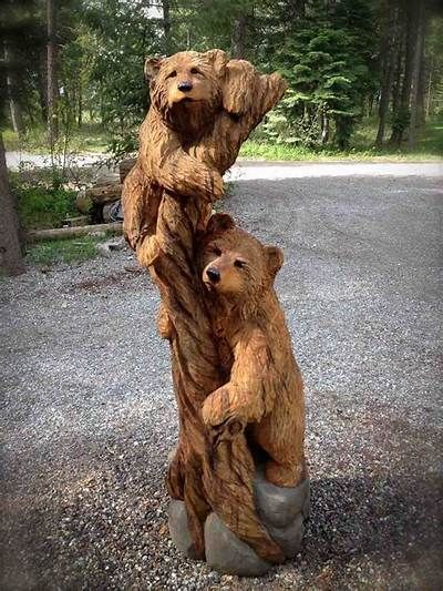 Jeff May Art / Carved Climbing Bear Cubs "Natural" Bear Climbing Tree, Chainsaw Carving Patterns, May Art, Wood Log Crafts, Chainsaw Wood Carving, Tree Statues, Gourds Birdhouse, Wooden Carving, Bear Carving