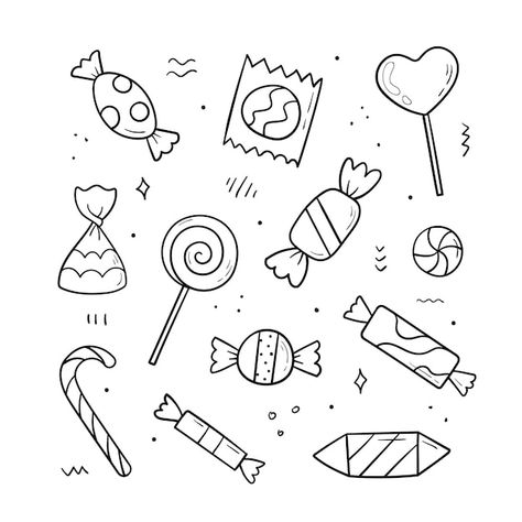 Hand drawn candy collection doodle sketc... | Premium Vector #Freepik #vector #bonbon #lollipop #sweet-candy #candy Cute Cupcake Drawing, Odyssey Art, Chocolate Drawing, Donut Drawing, Cookie Drawing, Desserts For Kids, Candy Tattoo, Candy Drawing, Desserts Drawing