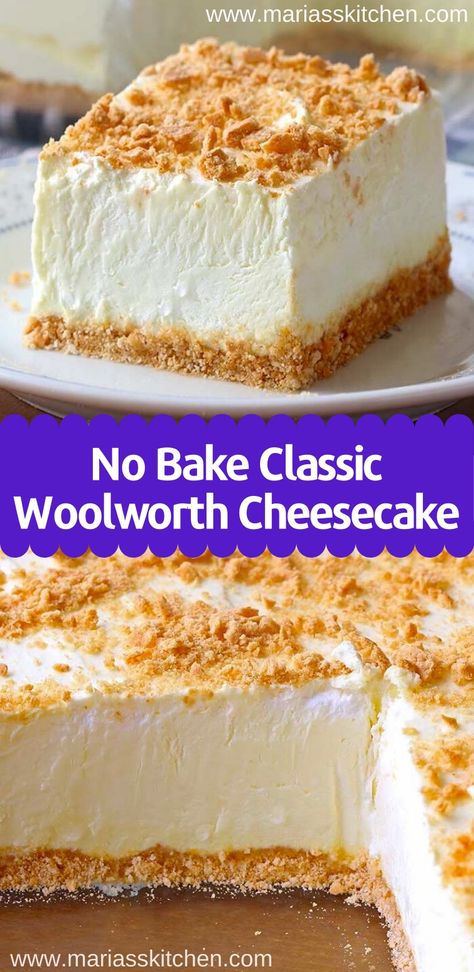 Easy No Bake Classic Woolworth Cheesecake Recipe - Maria's Kitchen Woolworth Cheesecake Recipe, Woolworth Cheesecake, No Bake Cheesecake Filling, Recipe Cheesecake, Easy No Bake Cheesecake, Cheesecake Recipes Classic, Fluff Desserts, Puff Recipe, Baked Cheesecake Recipe