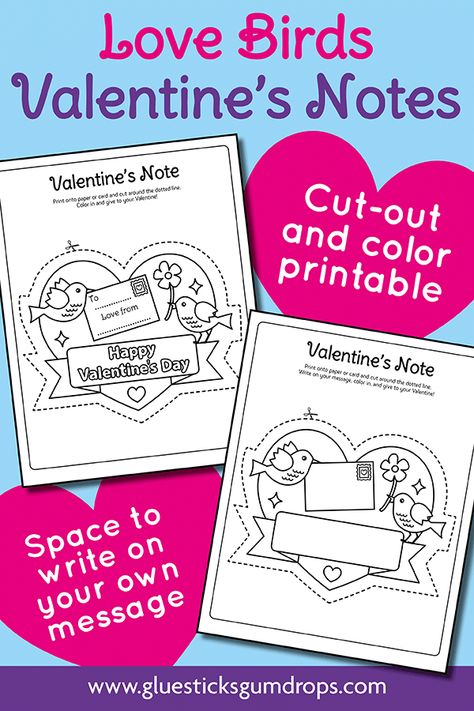 This love birds Valentine's Day coloring sheet helps kids make sweet valentines in no time flat! There's a version with wording and without. Free Valentine Cards, Free Printable Valentines Cards, Printable Valentine Cards, Bunny Valentines, Valentine Notes, Valentines Printable, Easy Valentine Crafts, Love You Messages, Printable Valentines Cards