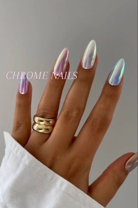 Chrome nails summer nails nails 2023 trending nails Multicolour Chrome Nails, Duo Chrome Nails, Hen Nails, Funny Nails, Chrome Nail Colors, Latest Nails, Split Nails, Cruise Nails, Neon Nail Polish