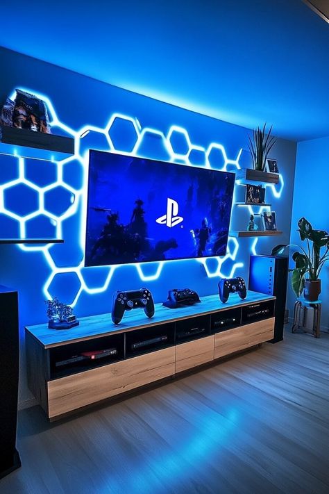 Game Console Display Ideas, Boys Room Gamer Bedroom Ideas, Adult Game Room Ideas, Adult Game Room, Small Game Room Ideas, Small Gaming Room Ideas, Gamer Bedroom Ideas, Teen Lounge Rooms, Hangout Room Ideas