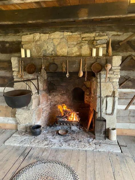 Witch Cottage Fireplace, Indoor Cooking Fireplace, 18th Century Fireplace, Pioneer House Interior, Viking Fireplace, Witches Fireplace, Wood Stove In Fireplace, Hearth Aesthetic, Fireplace For Cooking