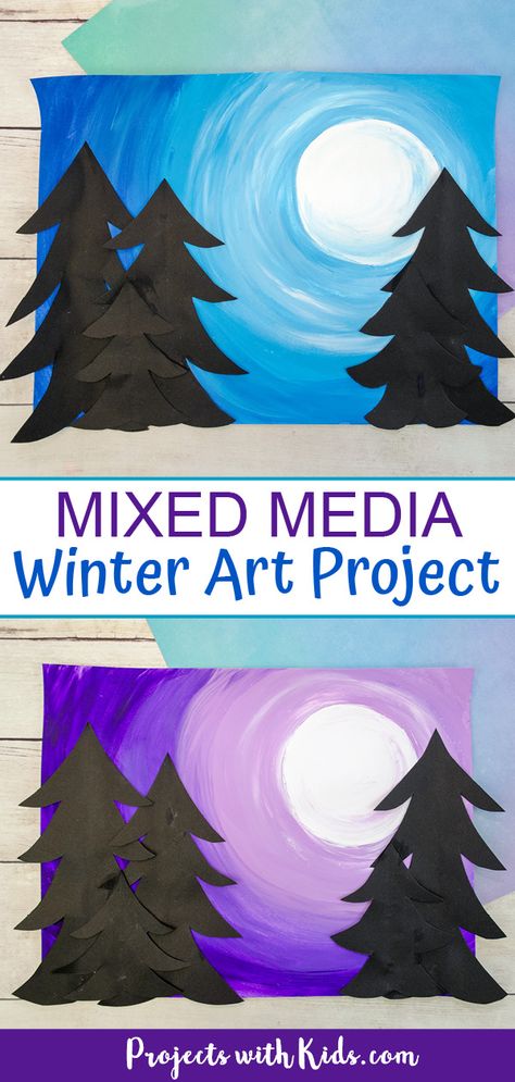 Create beautiful mixed media winter art with easy techniques and simple supplies. A fun winter art project that kids will love to create! #projectswithkids #winterart #kidsart #mixedmediaart Winter Kids Art Projects, Art Projects Painting, 3rd Grade Value Art Projects, Art Project Ideas For Kids, Art Class For Kindergarten, Art Projects For 2nd And 3rd Graders, Grade 2 Crafts, Grade 3 Art Lessons, Winter Art For Kindergarten