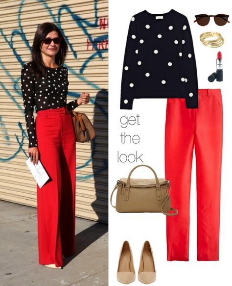 Polka Dot Shirt Outfit, Red Trousers Outfit, Red Pants Outfit, Red Trousers, Dot Shirt, Wear Red, Polka Dot Shirt, Red Pants, Looks Chic