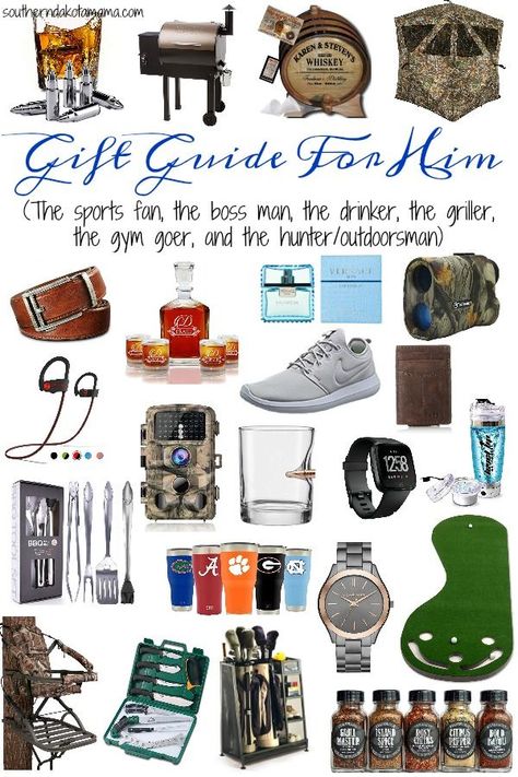 Gift guide for him. Here you will find gift ideas for the sports fan, the boss man, the drinker, the griller, the gym goer, and the hunter/outdoorsman. Outdoor Guy Gifts, Gifts For The Outdoorsman, Mens Stocking Stuffers Ideas, Gifts For Hunters Men, Gift Ideas For Husband Birthday, Gym Gifts For Him, Dad Christmas Gift Ideas, Mens Christmas Gifts, Gift For Outdoorsman