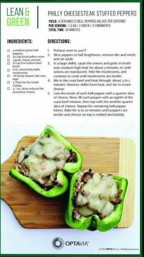 Philly Cheesesteak Stuffed Peppers Optavia Lean And Green Recipes, Medifast Recipes, Optavia Lean And Green, Cheesesteak Stuffed Peppers, Lean Protein Meals, Stuffed Peppers Healthy, Lean And Green, Green Meals, Lean Meals