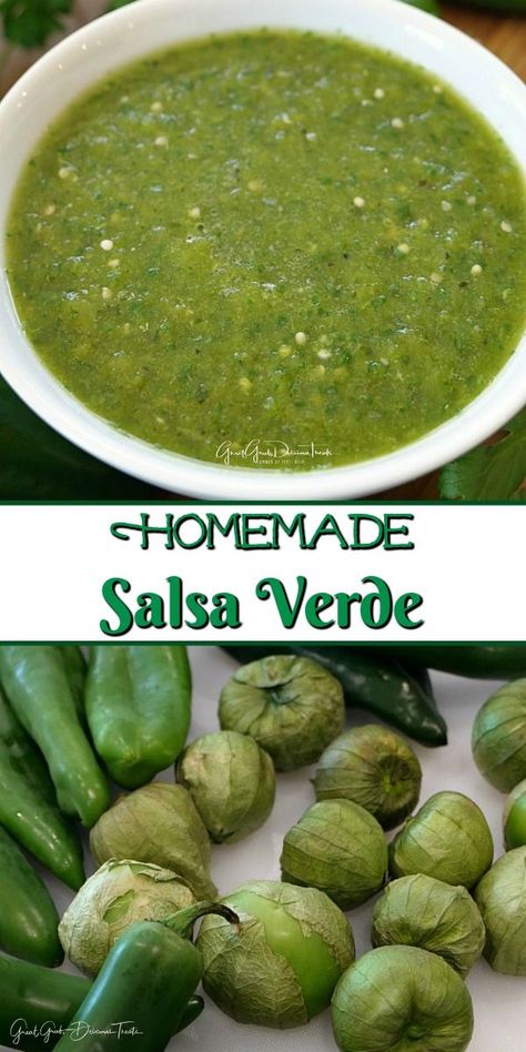 This Homemade Salsa Verde is made with tomatillos, 4 different types of peppers and seasoned just right. Perfect for chips and salsa or adding to a favorite Mexican dish. #salsaverde #salsa #appetizer #salsarecipe Authentic Salsa Verde Recipe, Easy Salsa Verde Recipe, Mexican Salsa Verde, Verde Salsa, Authentic Mexican Salsa, Homemade Salsa Verde, Mexican Salsa Recipes, Easy Homemade Salsa, Salsa Verde Recipe