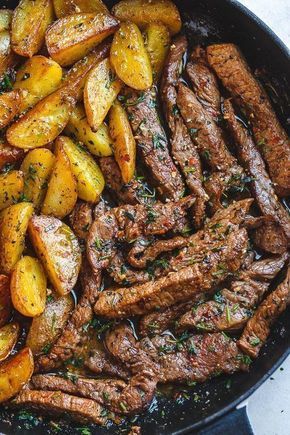 Garlic Butter Steak and Potatoes Skillet. This easy one-pan recipe is so simple, and so flavorful. The best steak and potatoes you'll ever have! #garlicbutter #potatoes #dinner #dinnerrecipes Steak And Potatoes Skillet, Garlic Butter Steak And Potatoes, Butter Steak And Potatoes, Potatoes Skillet, Potatoes Dinner, Steak And Potatoes, Skillet Dinner Recipes, Butter Steak, Skillet Potatoes