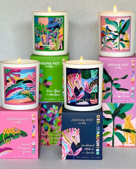 I’d like to introduce you to my latest, brightest, most scrumptious collaboration. Meet Aroma Pot Candles, a small, South Australian family business led by owners Carmel and Garry, who are the heart and soul of candle making and meticulously craft every product from start to finish 🕯️ This fun and playful collaboration includes 4 candles and 4 melts featuring some of my favourite jungle themed designs from my ALIVE Solo Exhibition 🐆 Learn about the 4 scrumptious scents and purchase for de... Scented Candles Packaging Ideas, Candle Branding Design, Candle Small Business, Scented Candles Packaging, Colorful Candle, Candle Packaging Design, Graphic Designer Studio, Aromatic Candle, Craft Market Display