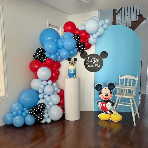 Mickey Balloon Garland, Mickey Mouse Blue Birthday, Blue Mickey Mouse Party 1st Birthdays, Mickey Mouse Balloon Decor, Mickey Mouse Balloon Garland, Mickey Mouse Balloon Arch, Mickey Mouse Garland, Mickey Mouse Balloon, Baby Boy Birthday Themes