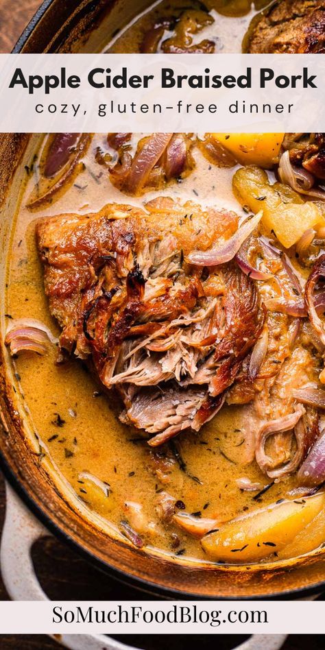 This Apple Cider Braised Pork Shoulder is an easy one-pot dinner recipe that is so cozy and perfect for the fall months. Tender pork cooked low and slow in a bath of fresh apple cider, onions, apples, and fresh herbs. Pork Apples Onions, Pork Loin Apple Cider, Apple Cider Pulled Pork Bowls, Pork And Cider Recipes, Pork Thanksgiving Recipes, Apple Cider Braised Pork Shoulder Instant Pot, Apple Cider Pork Roast Dutch Oven, Apple Braised Pork, Pork Apple Cider