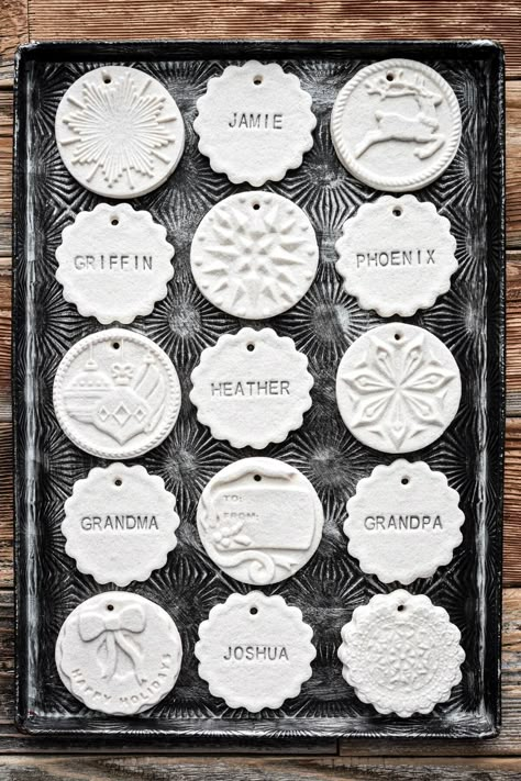 How To Preserve Salt Dough Ornaments, Salt Dough Ornaments With Pictures, Salt Dough Letters, Salt Flour Dough Ornaments, Dough Art Ornaments, Stamping Clay Ornaments, Salt Dough Stamps, Christmas Ornaments Made From Flour, Diy Baked Clay Ornaments