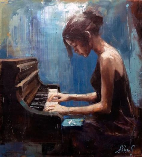 معرض فني, Dark Paintings, Piano Art, Painting Of A Woman, Playing Piano, Old Paintings, Black Aesthetic Wallpaper, Dreamy Art, Mixed Media Painting