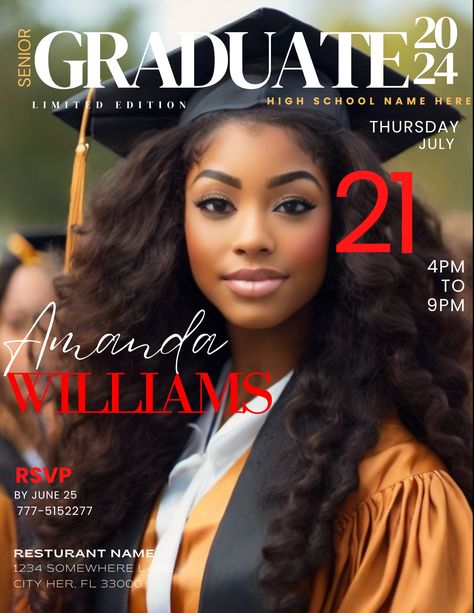 Graduate Magazine Cover, Maroon And Gray Graduation Party, Grad Magazine Cover, Graduation Photos Outdoors, Digital Graduation Invitations, High School Graduation Announcement Idea, High School Graduation Ideas, Graduation Pictures Black Women, Graduation Announcement Ideas