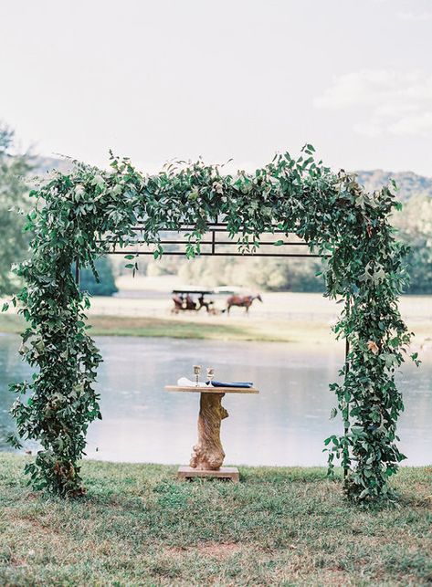 Blackberry Farm Wedding // Lush Greenery Arch // Tennessee Floral Design Blackberry Farms Wedding, Wedding Arch Greenery, Greenery Arch, Arbor Ideas, Wedding Drapery, Wedding Gazebo, Wedding Ides, Blackberry Farm, Wedding Floral Design