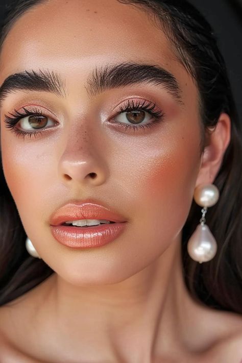 Soft Autumn Wedding Makeup, Orange Bridal Makeup, Makeup For Peach Dress, Peach Dress Makeup, Soft Peach Makeup, Soft Eyeshadow Looks, Romantic Makeup Looks, Peachy Makeup Look, Peach Makeup Look