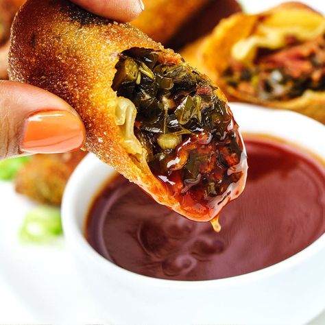 Smoked Turkey and Collard Green Eggrolls Smoked Turkey Necks, Eggrolls Recipe, Egg Roll Wraps, Turkey Egg, Collard Greens Recipe, Collard Green, Turkey Broth, Egg Roll Recipes, Peanut Oil