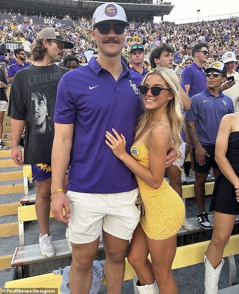 Olivia Dunne and boyfriend Paul Skenes pictured together at LSU's football game on Saturday Lsu Baseball Game Outfit, Lsu Football Game Outfit, Gameday Outfit Lsu, Lsu Game Day Outfit, Paul Skenes, Lsu Gymnastics, Olivia Dunne, Lsu Baseball, Lsu Game