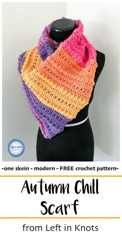 This modern and free crochet pattern uses just one skein of your favorite Caron Cakes yarn and is a breeze to work up!  The Autumn Chill collection has many coordinating pieces, so make yourself a whole set for when the cold weather hits. Caron Spice Cakes Crochet Patterns, Caron Colorama Halo Crochet Patterns, Quick Crochet Scarf Pattern Free, Caron Cake Crochet Patterns, Caron Cakes Patterns, Caron Cakes Crochet, Crocheted Scarfs, Crochet Triangle Scarf, One Skein Crochet