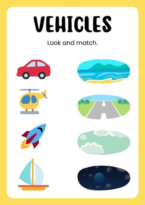 Vehicles Worksheet, Match Worksheet, Matching Worksheets, Kids Worksheets Preschool, Worksheet Template, Preschool Worksheets, Kindergarten Worksheets, Worksheets For Kids, English Lessons