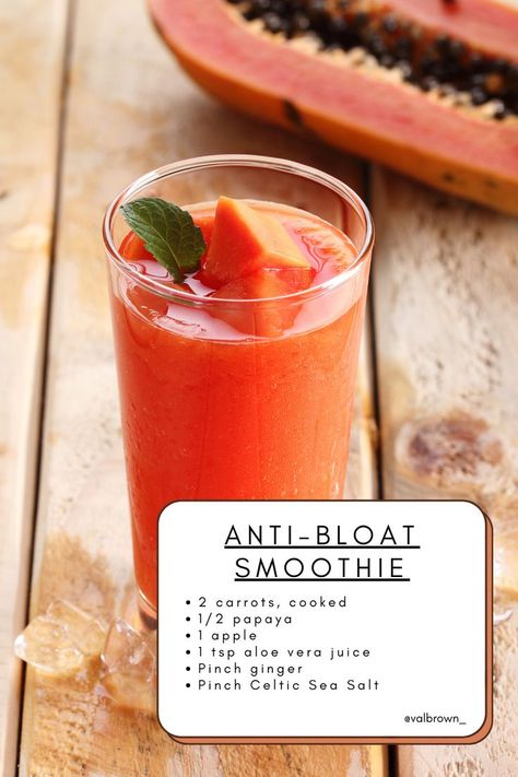 Anti-Bloat Smoothie will help ease bloating and inflammation associated with slow digestion.  This combination is not only effective in helping your digestive tract begin to work normally again, but also tastes great!  Blend all ingredients in a high speed blender and enjoy! Aloe Vera Smoothie Recipes, Aloe Vera Smoothie, Anti Bloat Smoothie, Carrot Smoothie Recipe, Healthy Movement, Papaya Juice, Papaya Smoothie, Carrot Smoothie, Detox Waters