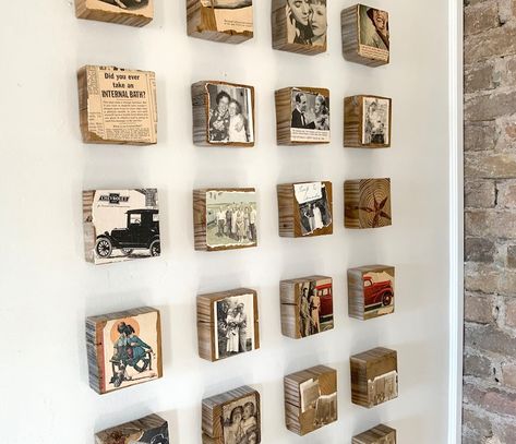 Vintage Wooden Art Decor - Etsy Interesting Wall Decor Ideas, 2x4 Wall Art, Thrifty Wall Decor, Small Framed Art On Wall, How To Display Postcards, Wooden Block Crafts, Vintage Postcard Display, Wooden Block Art, Old Ladder Decor