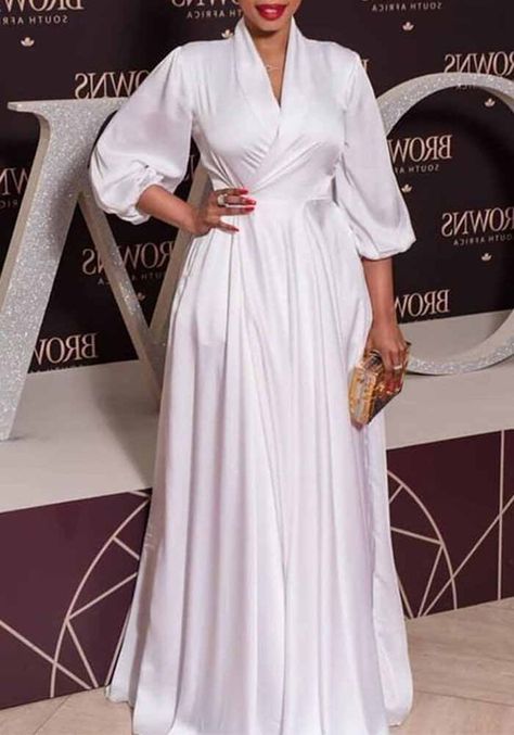 Dresses For Formal Events, Quarter Sleeve Dress, Straight Clothes, White Chic, Vogue Dress, White Long Sleeve Dress, Solid Color Dress, Straight Dress, Women Maxi