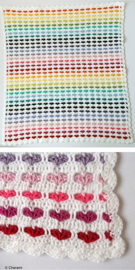 Crochet Heart Blanket Ideas Free Patterns. This colorful heart blanket looks beautiful, like a rainbow. Thanks to vivid colours it is very positive and will be perfect for a gift, for both a child and an adult, because everyone loves hearts! All you need is a lot of yarn colors and joy!    #freecrochetpattern #heart #crochetblanket Crochet Rainbow Heart Blanket, Crochet Heart Blanket Pattern Free, Crochet Heart Afghan Pattern Free, Free Crochet Heart Blanket Pattern, Crochet Heart Afghan, Heart Baby Blanket Crochet, Heart Blanket Pattern, Valentine Crochet, Hearts Crochet