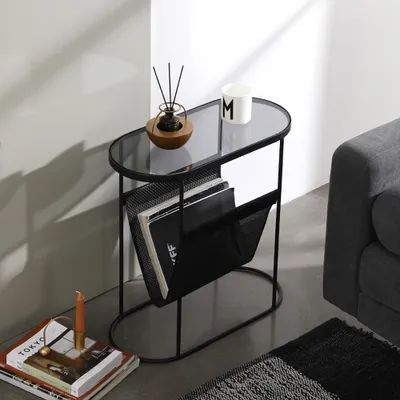 Modern Side Table Black End Table Metal Accent Oval Table Magazine Holder Sofa Table Metal And Glass Side Table, Industrial Living Room Coffee Tables, Black Metal End Table, Dark Side Tables Bedroom, Home Decor Couch, Black Side Table Decor Living Room, Modern Black End Tables, Narrow Side Tables In Living Room, Small Space Side Table