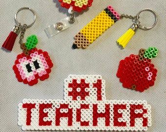 Hama Beads Teacher Gifts, Perler Magnet Ideas, Perler Beads For Teachers, Teacher Perler Beads, Perler Bead Teacher Gift, Teacher Perler Bead Patterns, School Perler Beads, Perler Keychain Ideas, Perler Bead Keychain Ideas