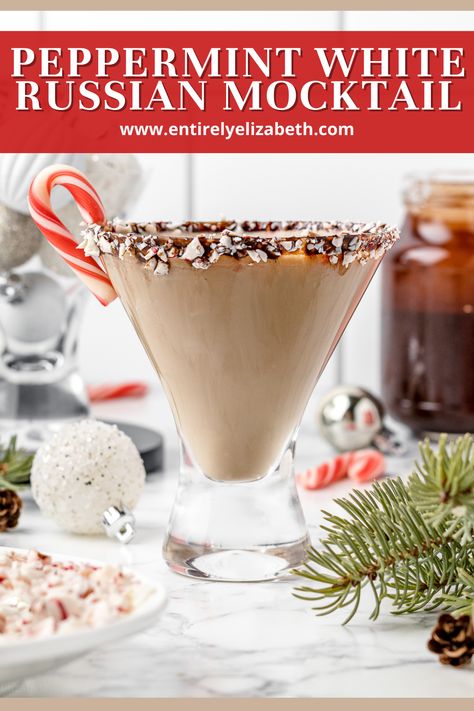 This festive and creamy Peppermint White Russian Mocktail has notes of cocoa, coffee, and mint. It is easy to make, so delicious, and comes with two non alcoholic versions! Peppermint White Russian, Non Alcoholic Spirits, Peppermint Cream, Peppermint White, Cocoa Coffee, Easy Drink Recipes, White Russian, Easy Drinks, Mocktail Recipe