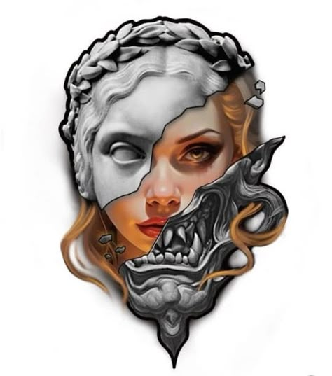 Neo Surrealism Art, Color Realism Tattoo Ideas, Girlhead Tattoo, Realistic Tattoo Design Ideas, Colour Realism Tattoo, Medium Tattoos, Bio Organic Tattoo, Colored Tattoo Design, Black Skull Tattoo