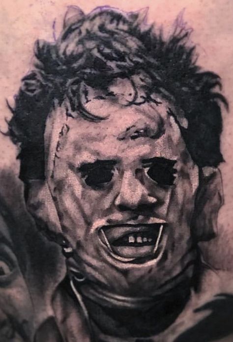 Leather Face Tattoo, Leatherface Tattoo, Leatherface Artwork, Texas Chainsaw Mascara Tattoo, Horror Face Tattoo Design, Leather Face Texas Chainsaw Tattoo, Ghostface Portrait Tattoo, Black And Grey Horror Tattoo, Horror Sleeve