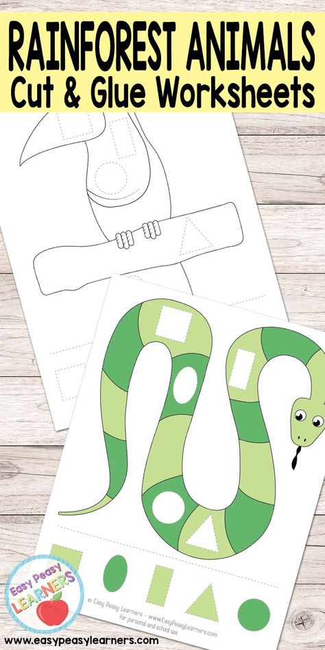 Rainforest Animals - Cut and Glue Worksheets Rainforest Free Printables, Jungle Preschool, Preschool Rainforest, Rainforest Preschool, Rainforest Classroom, Rainforest Crafts, Storytime Activities, Rainforest Art, Preschool Jungle